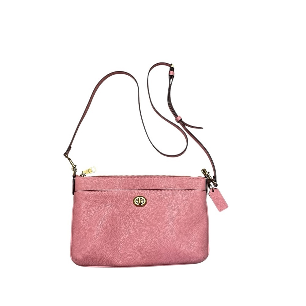 Coach Polly Pebbled Leather Bubble Gum Pink Turnlock Zip Crossbody Pouch C3376